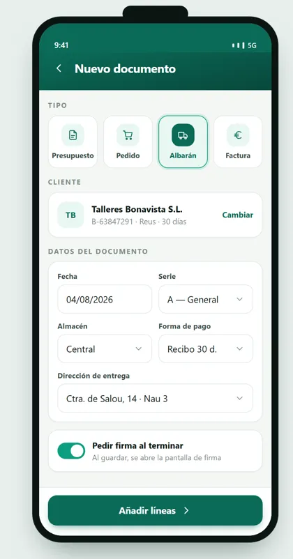 App de ventas GestioERP · Nuevo documento