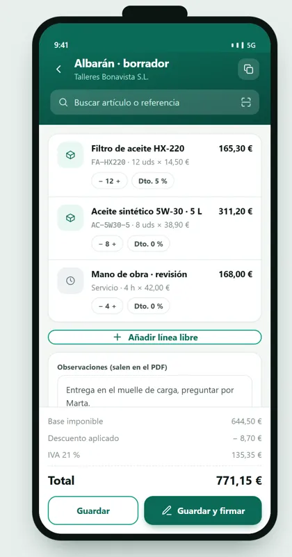 App de ventas GestioERP: líneas del documento