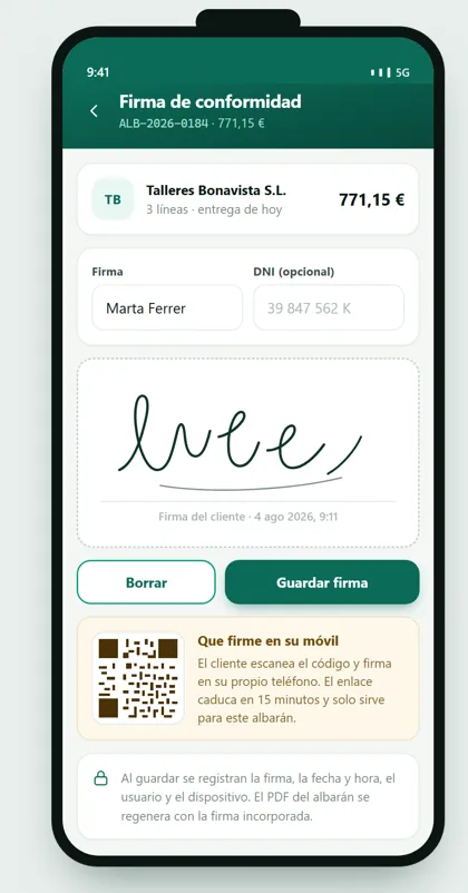 App de ventas GestioERP: firma del cliente