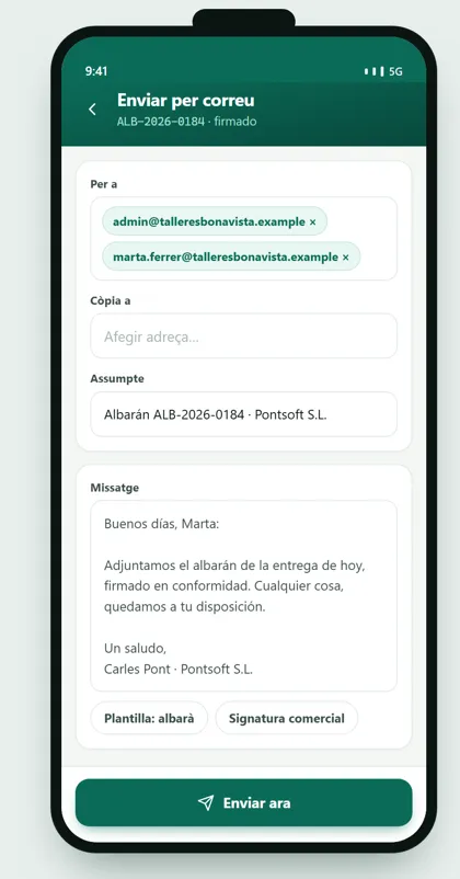 App de ventas GestioERP · Envío por correo
